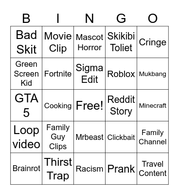 Youtube Shorts BINGO Card