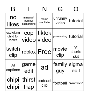 YT shorts ultimate bingo Card