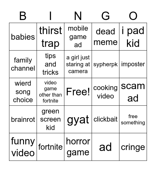 youtube shorts Bingo Card