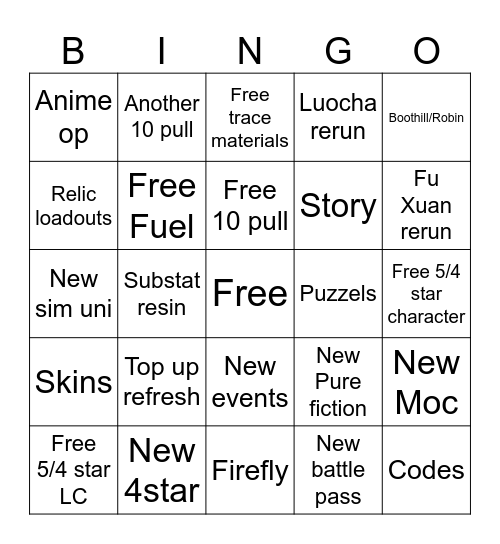 HSR 2.1 Livestream Bingo Card