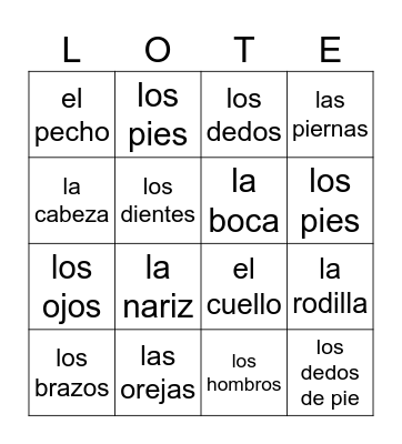 Las partes del cuerpo - G3 Bingo Card