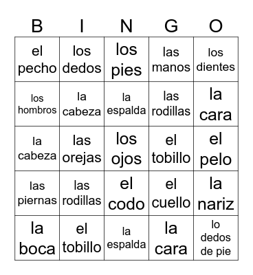 El cuerpo - Azul (palabras) Bingo Card