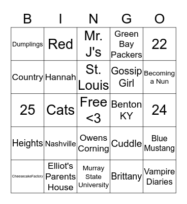 Ashley's Bridal Shower Bingo Card