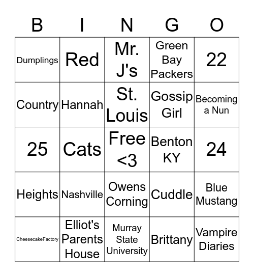 Ashley's Bridal Shower Bingo Card