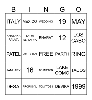 Parth & Devika's Engagement Bingo Card