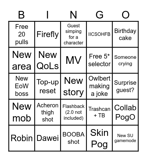 HSR 2.1 Livestream Bingo Card