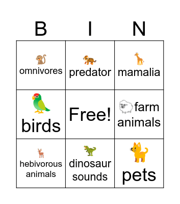 Animal sounds Bingo Card