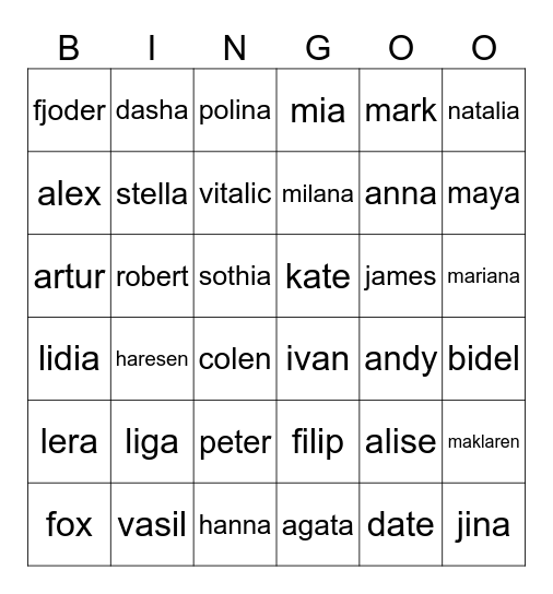bingo from filip names Bingo Card