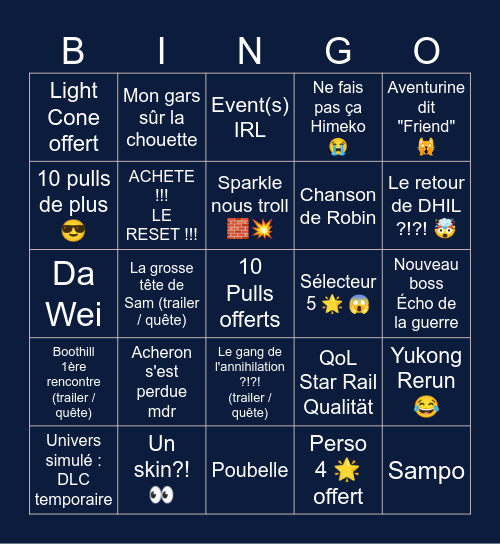 Honkai: Star Rail, v2.1 Livestream Bingo Card