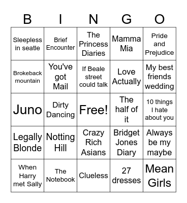 Rom Com Bingo Card