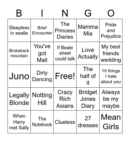 Rom Com Bingo Card
