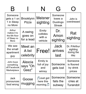 New York Trip Bingo Card