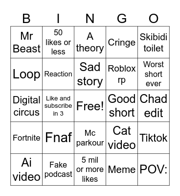 Yt shorts Bingo Card