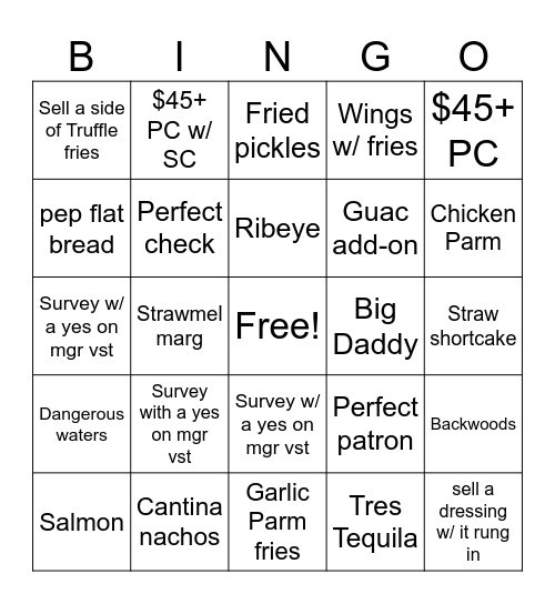 Upsell/Survey Bingo Card