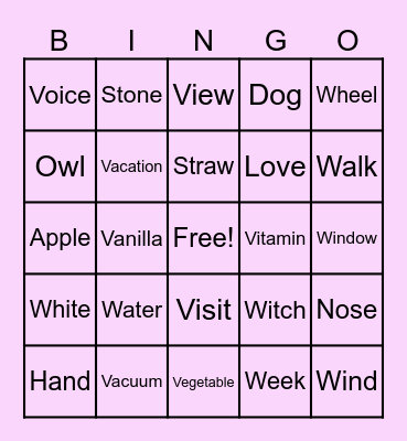 V and W Bingo Card