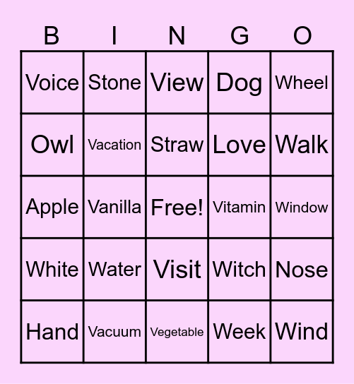 V and W Bingo Card