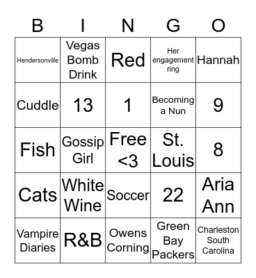 Ashley's Bridal Shower Bingo Card