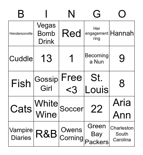 Ashley's Bridal Shower Bingo Card