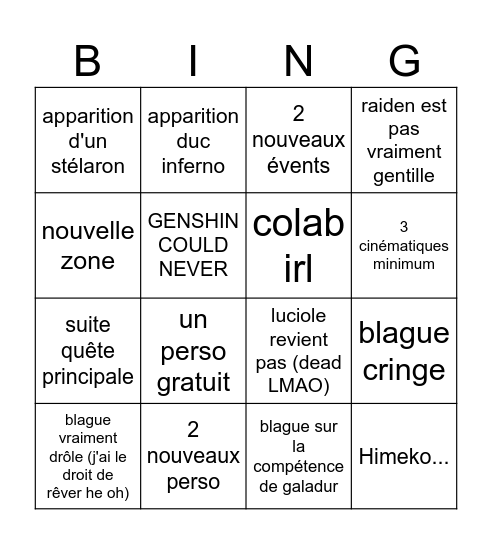 HSR 2.1 livestream Bingo Card