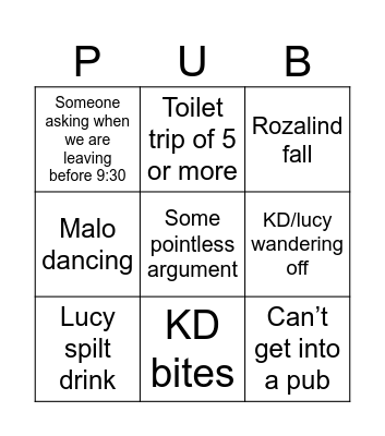 Pub crawl bingo Card