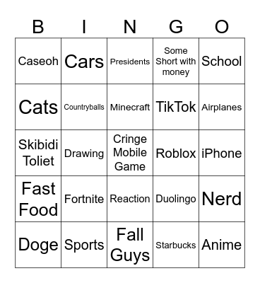 Shorts Bingo Card