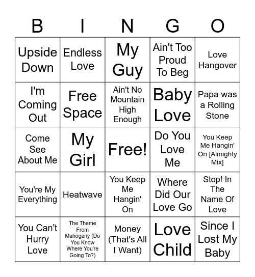 Diana Ross and the Supremes, Temptations + Motown Bingo Card