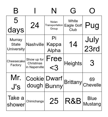 Ashley's Bridal Shower Bingo Card