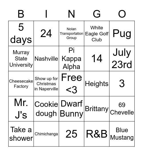 Ashley's Bridal Shower Bingo Card