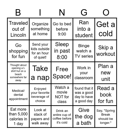 Teacher Spring Break Bingo Card