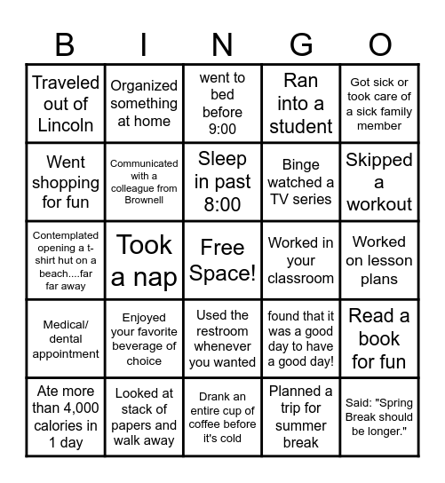 Teacher Spring Break Bingo Card