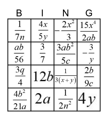 Simplification & Multiplication of Algebraic Fractions Bingo Card