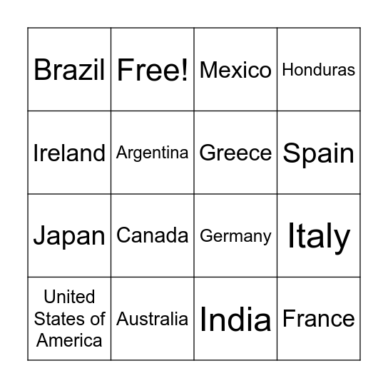 Countries BINGO Card