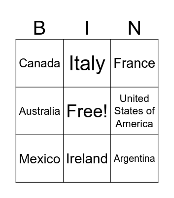 Countries BINGO Card