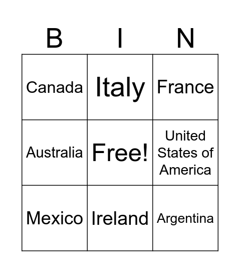 Countries BINGO Card