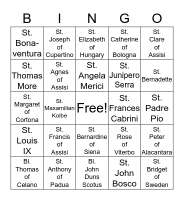 Saints and Blesseds Bingo Card