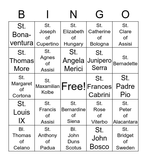 Saints and Blesseds Bingo Card