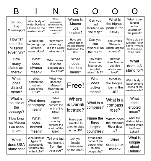 Geography of the United States Bingo Card