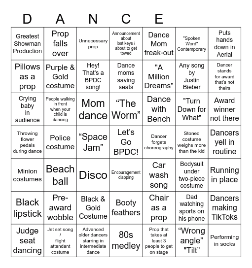 Dance Competition Bingo Card