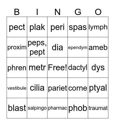 Medical Terminology Bingo Card