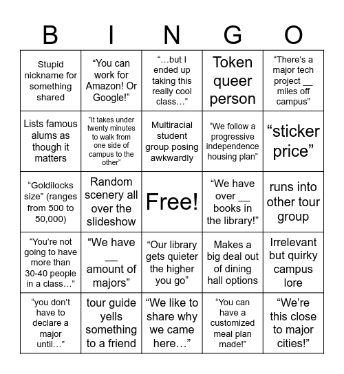 College tour bingo Card