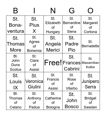 Saints and Blesseds Bingo Card