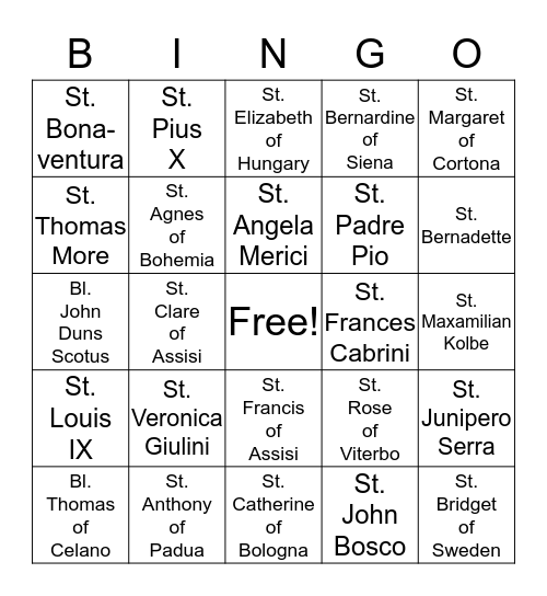 Saints and Blesseds Bingo Card