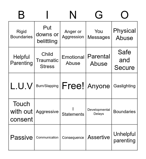 Parenting Group Bingo Card