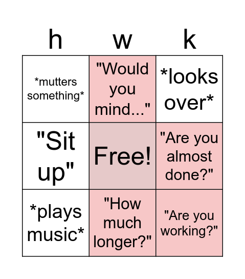 Homework Bingo Card
