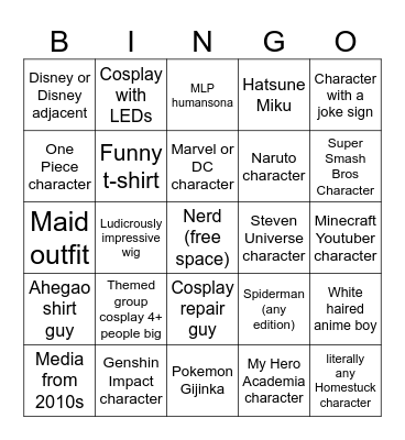 2024 Convention Cosplay Bingo Card