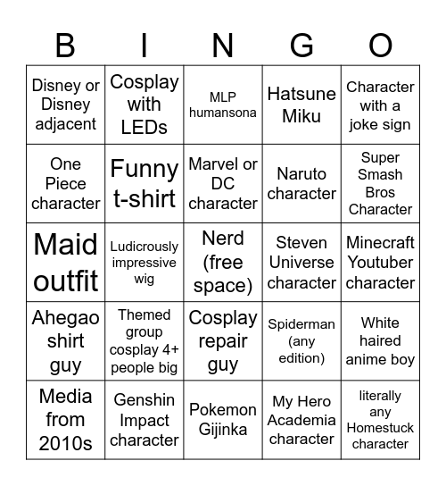 2024 Convention Cosplay Bingo Card