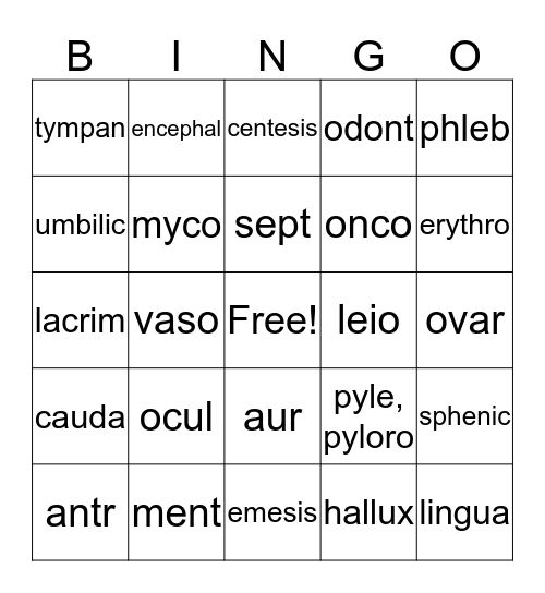 Medical Terminology 3 Bingo Card
