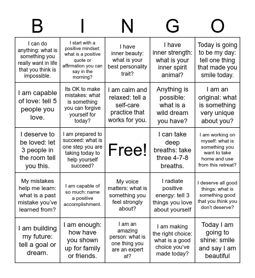 Positive Affirmation Bingo Card