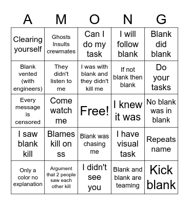 Among us chat Bingo Card