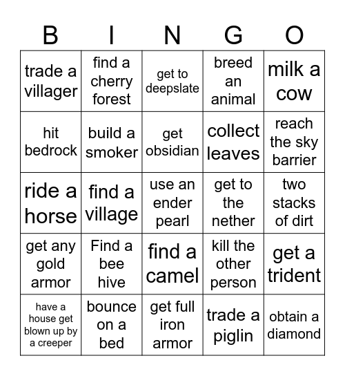 Minecraft bingo with colin n rory Bingo Card